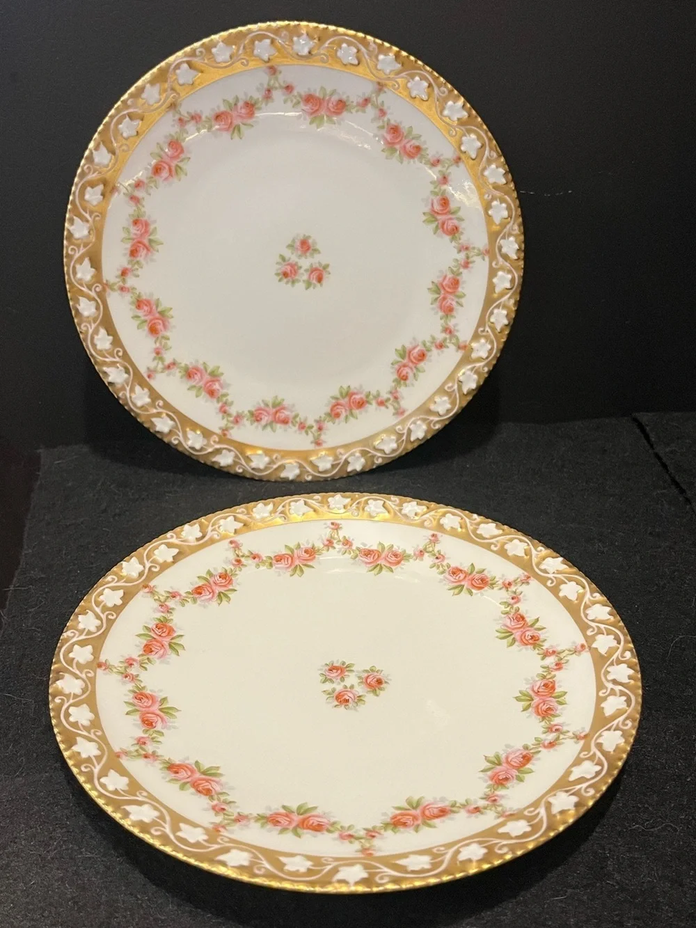 VTG T & V France Elegant Dainty Rose-Patterned Gold Rim 7” Plates White and Pink